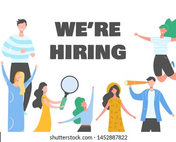 Happy people on hiring banner, recruitment concept with people characters, agency interview, join our team. Template for web landing page, presentation, social media. Vector illustration