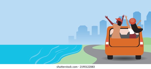 Happy people on road trip to sea, flat vector stock illustration or copy space template for overlay