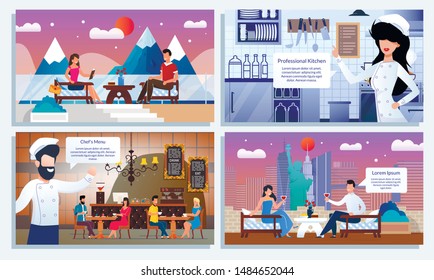 Happy People on Romantic Date at Urban or Mountain Resort Cafe. Friendly Smiling Restaurant Staff at Kitchen and Meeting Gests. Flat Cartoon Set. High Quality Rest and Service. Vector Illustration