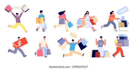 Happy people on sale. Shopping man, shop woman consumer. Person with cart, girl walk clothes shops. Isolated shoppers holding bag utter vector set