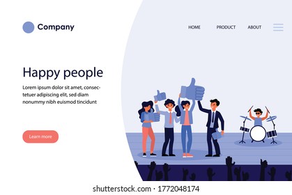 Happy people on stage showing likes. Winners, show, thumb up flat vector illustration. Draw game win, entertainment concept for banner, website design or landing web page