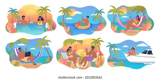 Happy people on summer vacation. Colorful tropical island resort cartoon illustrations set. Young couple on a date, some people resting in a hammock , swimming on a lifebuoy or modern yacht