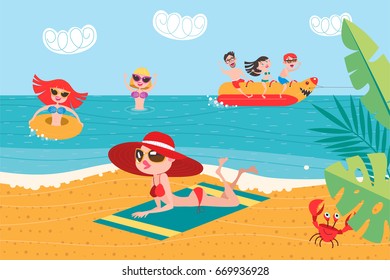 Happy people on vacation and take a ride on a banana boat. Girl with rubber ring for swimming. The girl sunbathes on the beach. Vacation at sea! The beach activities.