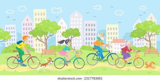 Happy people on a walk. Friendly family rides bicycles with their pets in the city park. Banner in cartoon style. Summer background. Vector flat illustration.