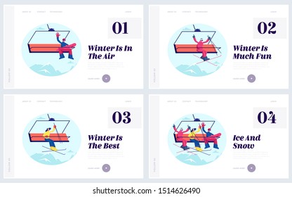 Happy People on Winter Resort Website Landing Page Set. Sportsmen Skiers and Snowboarders on Cable Car Transportation Rope Way over Mountain Hill Web Page Banner. Cartoon Flat Vector Illustration