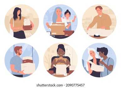 Gente feliz abre cajas en la ilustración vectorial de conjunto de avatares redondos. Persona adulta caricaturista desboxeando regalo de cumpleaños sorpresa en casa, paquete de alojamiento familiar, usando servicio de regalo en línea aislado en blanco
