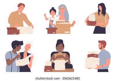 Happy People With Open Cardboard Boxes Set Vector Illustration. Cartoon Young And Old Man Woman Character Opening Parcel Present, Unboxing Mail Package, Holding Pile Of Boxes In Hand Isolated On White