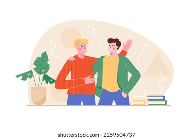 Happy people orange concept with people scene in the flat cartoon style. Two friend tell each other funny stories and have fun together. Vector illustration.