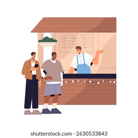 Happy people ordering eating at kiosk counter on food court in summer. Friends buy drinks, snacks, in street stall. Fastfood fest outdoors. Flat isolated vector illustration on white background