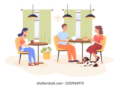 Happy people ordering food and drinks at pet cafe. Pet and eco friendly restaurant, cartoon characters with cat and dog flat vector illustration. Pets, coffee shop concept for banner, website design