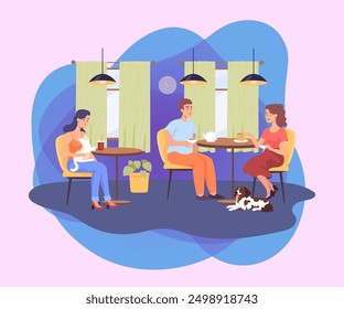 Happy people ordering food and drinks at pet cafe. Pet and eco friendly restaurant, cartoon characters with cat and dog flat vector illustration. Pets, coffee shop concept for banner, website design