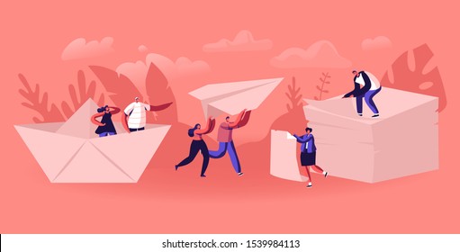 Happy People Origami Hobby Occupation Concept. Male and Female Character Creating Figures of Paper, Throwing Airplane and Ship, Man Sitting on Top of White Sheets Heap. Flat Vector Illustration