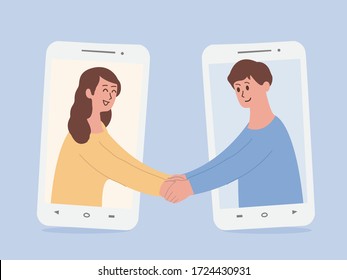 Happy people out of the telephone screen and greeting with handshake Illustration about communication with video calls via smartphone change to the new normal of ordinary people.