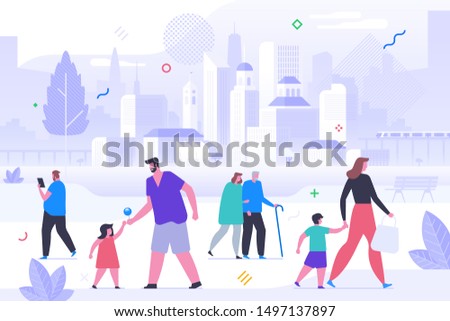 Happy people outdoors flat vector illustration. Smiling men, women and little kids cartoon characters. Parents with children, elderly couple on walk in park. Fresh air stroll, family pastime