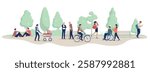 Happy people outdoors in park - Group of vector characters in nature or public park, walking and doing leisure activities enjoying life outside. Flat design style illustration