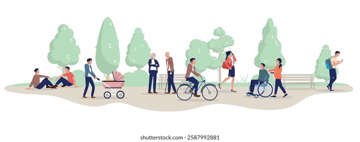 Happy people outdoors in park - Group of vector characters in nature or public park, walking and doing leisure activities enjoying life outside. Flat design style illustration