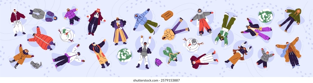 Happy people in outerwear lying on snowdrifts top view banner. Above of characters making snow angels outdoors on winter holidays. Men, women and kids have fun at Christmas. Flat vector illustration