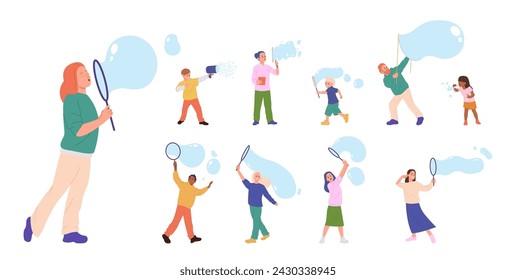 Happy people, overjoyed family members cartoon characters blowing bubbles isolated set on white