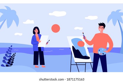 Happy people painting from nature. Young couple of artist with easels on beach, sunset, sea flat vector illustration. Hobby, drawing, art concept for banner, website design or landing web page