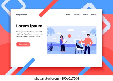 Happy people painting from nature. Young couple of artist with easels on beach, sunset, sea flat vector illustration. Hobby, drawing, art concept for banner, website design or landing web page