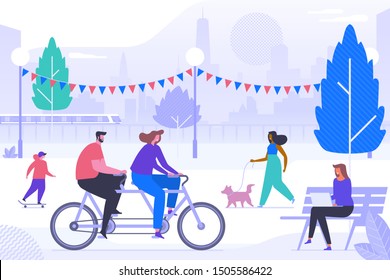 Happy people in park flat vector illustration. Smiling adults and kid cartoon characters. Outdoor activities. Teen boy riding skateboard, couple on tandem. Woman walking dog, girl working with laptop