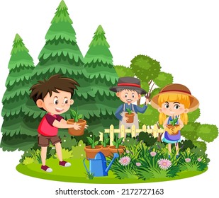 Happy people in the park gardening illustration