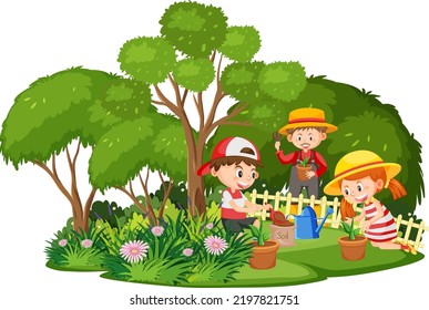 Happy people in the park gardening illustration