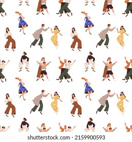 Patrón de gente feliz. Un fondo incomparable con personajes activos y encantados bailando con diversión, alegría en la fiesta. Impresiones repetidas infinitas con hombres divertidos y alegres, mujeres. Ilustración vectorial plana de color