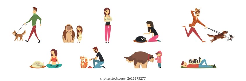 Happy People Pet Owner Character Spend Time with Their Animal Vector Set
