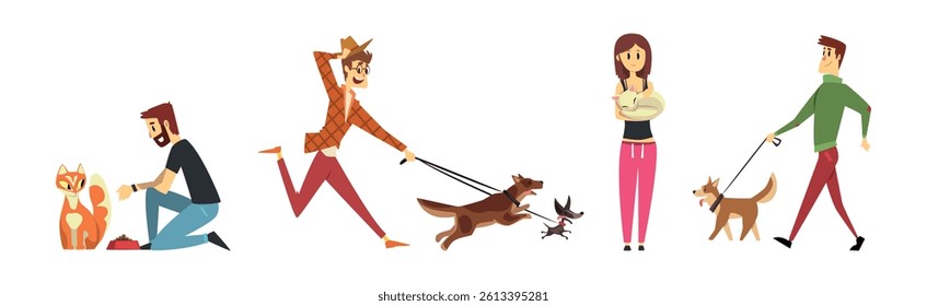 Happy People Pet Owner Character Spend Time with Their Animal Vector Set