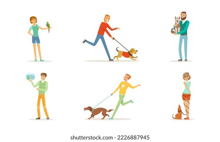 Happy People Pet Owner with Dog, Cat, Parrot and Fish Loving Their Animal Vector Set