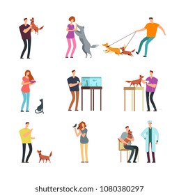 Happy people pet owner. Man, women and family training and playing with pets vector cartoon characters isolated. Illustration of people with dog and cat, bird and fish