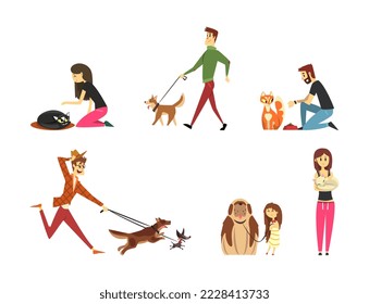 Happy people and pets set. Cheerful pet owners walking, hugging and feeding their cats and dogs cartoon vector illustration
