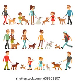 Happy people with pets. Women, men and children playing with dogs and puppes