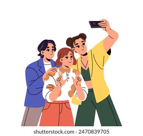 Happy people photography together. Friends smile, posing, gesturing with peace sign to taking joint selfie photo. Teenagers do self picture with phone. Flat isolated vector illustration on white