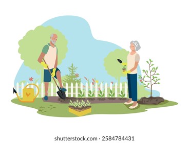 Happy people planting seedlings in their garden. Healthy lifestyle. Agricultural work. Vector illustration.