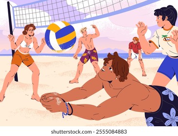 Happy people play with ball in competition on sand beach. Volleyball players are on tournament on coast. Sport team on summer match. Young men, women have fun in volley game. Flat vector illustration