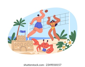 La gente feliz juega al voleibol playa. Pareja durante juegos deportivos, voleibol, curiosos langostas, castillo de arena en vacaciones de verano, vacaciones en el balneario. Ilustración vectorial plana aislada en fondo blanco