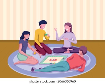 Happy people play a board game, throw dice. Tabletop puzzle. Creative group activity for friends, family. Spending time together. Hobby. Cartoon vector illustration.