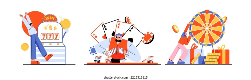 Happy people play in casino, gambling. Man win jackpot in slot machine, woman get prize with wheel of fortune, croupier shuffles poker cards, vector flat illustration