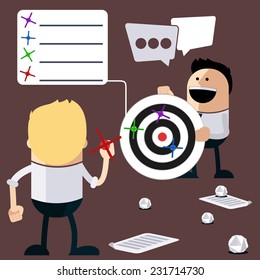 Happy people play darts and calculation of the results. Business results of ideas as they hit target cartoon flat design style