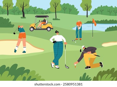 Happy people play golf on the green fields. Cute players roll balls into holes, cartoon golf club members with clubs, vector concept