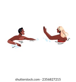 Happy people play in water. Couple splash in sea, man and woman swim in ocean, spend summer vacation together. Persons rest on resort. Fun beach activities. Flat isolated vector illustration on white