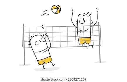 Glückliche Leute spielen Beachvolleyball auf Sand im Sommer. Teamsportspiel. Doodle-Stil. Vektorgrafik.