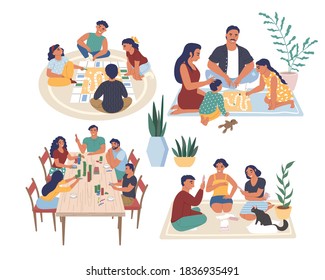 Happy people playing board games, flat vector illustration. Families parents with kids, adults friends sitting at table, on the floor enjoying spending time together at home and playing tabletop games