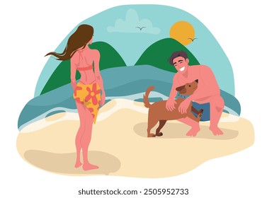 Happy people playing with a dog on the beach, a couple spending their summer vacation in a paradise-like place. vector illustration.