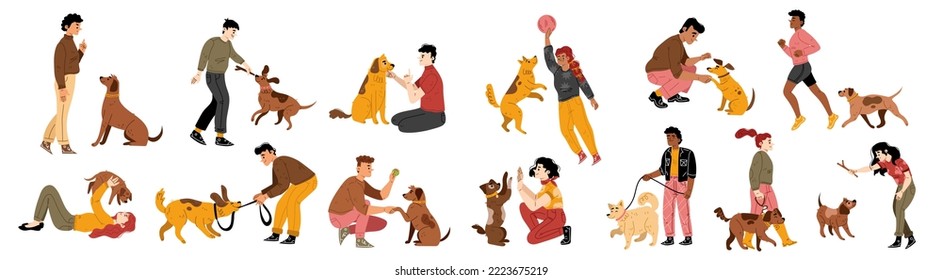 Happy people playing with dogs and smiling, flat vector illustration set isolated on white background. Male and female characters having fun, training, walking pets. Human and animal friendship