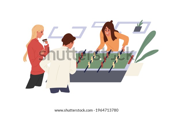 Happy people playing game in office.\
Colleagues spending time together at foosball or soccer table.\
Corporate entertainment concept. Colored flat vector illustration\
isolated on white\
background