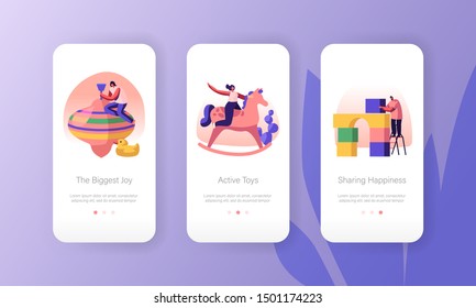 Happy People Playing with Kids Toys Mobile App Page Onboard Screen Set. Male and Female Characters Active Games and Fun at Playground Concept for Website or Web Page. Cartoon Flat Vector Illustration