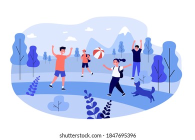 Happy people playing on nature. Ball, friend, park flat vector illustration. Healthy lifestyle and activity concept for banner, website design or landing web page